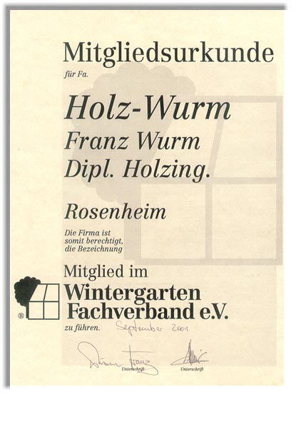 Mitgliedsurkunde Wintergarten Fachverband e.V.